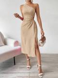 Women Spring and Summer Elegant Sexy Sleeveless One Shoulder Slash Shoulder Solid Slit Dress