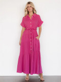 Women Solid Patchwork Bat Short Sleeve Shirt Dress