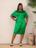 Women Summer Solid Career Ruffle Sleeve Dress