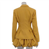 Women Turndown Collar Blazer and Pleated Tutu Skirt Two-Piece Set