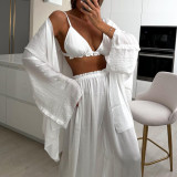 Women Sexy Ruffled Tank Top Long Sleeve Wide Leg Pants Three-Piece