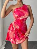 Women Spring and Summer One Shoulder Sleeveless Printed Bodycon Dress