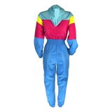 Women patchwork contrast color zipper jumpsuit