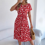 Women Spring and Summer Casual Contrast Heart Print Short Sleeve Pleated Dress