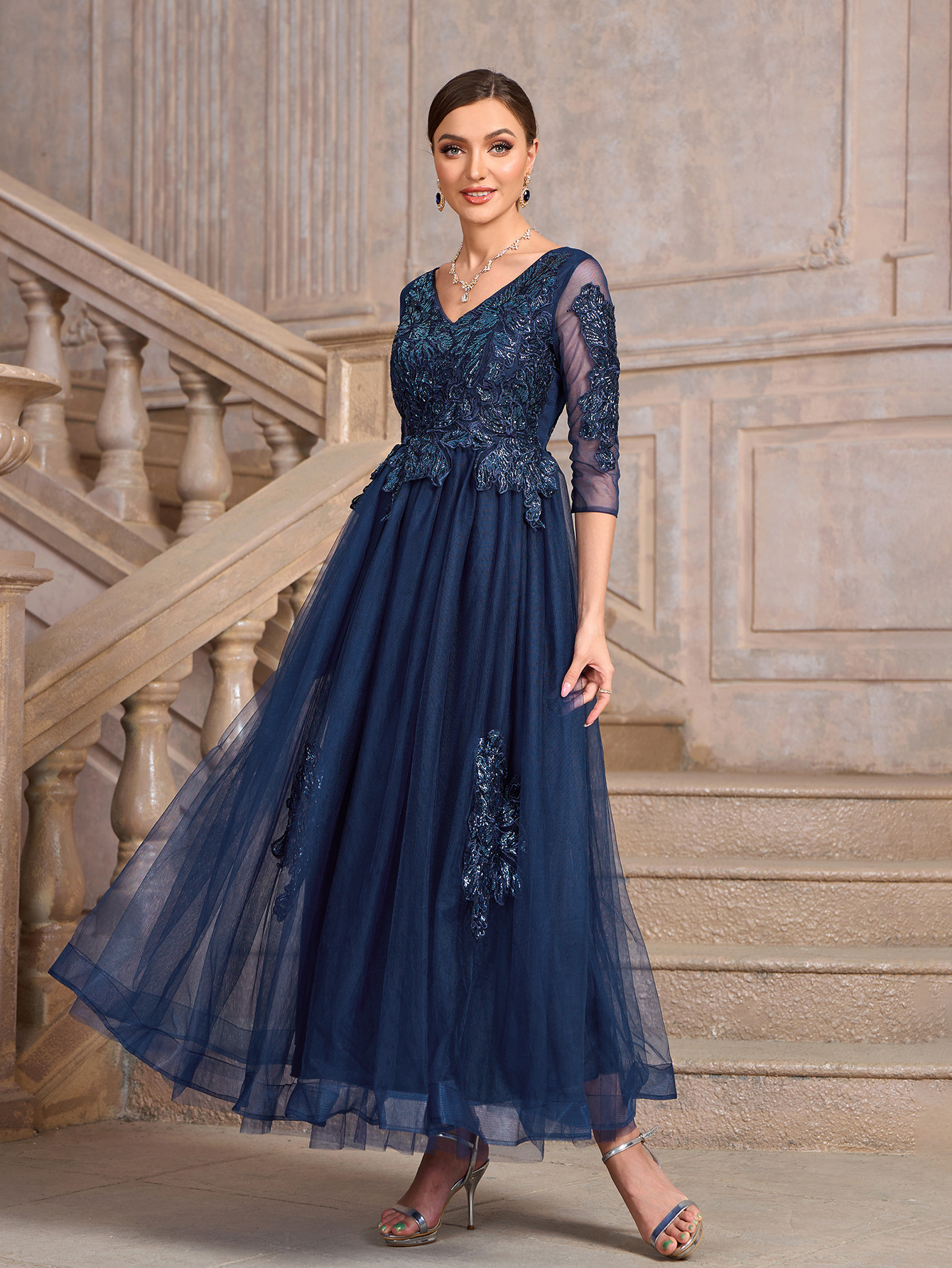 Women blue v-neck meshlace patchwork luxury party dress