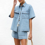 Women Retro Casual Pocket Short Sleeve Shirt and Denim Shorts two-piece set