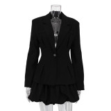 Women Turndown Collar Blazer and Pleated Tutu Skirt Two-Piece Set