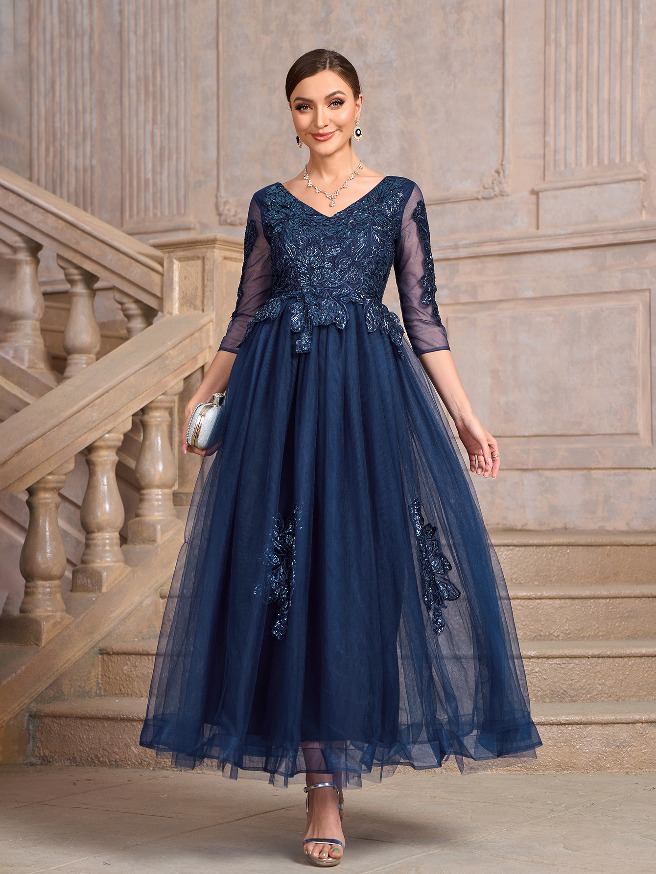 Women blue v-neck meshlace patchwork luxury party dress