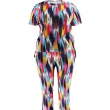Women summer sexy print striped T-shirt and Pants two-piece set