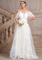 Women white off-shoulder suspender irregular mesh patchwork wedding party bride wedding dress