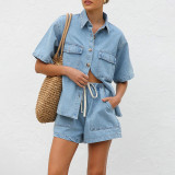 Women Retro Casual Pocket Short Sleeve Shirt and Denim Shorts two-piece set