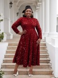 Women Round Neck Long Sleeve Solid Sequin Maxi Dress