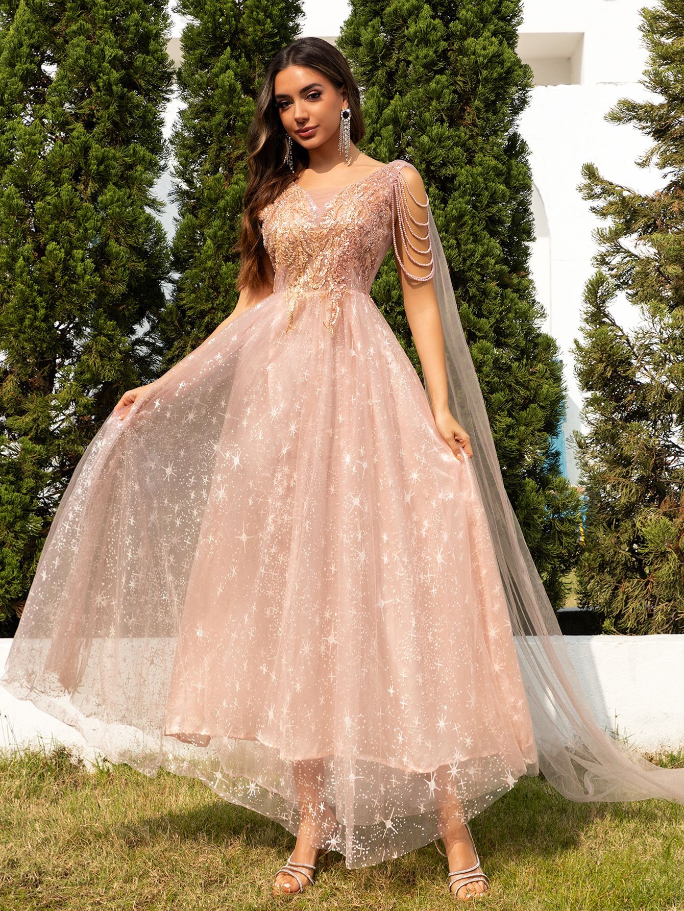Women pink mesh sequin patchwork formal dinner dress