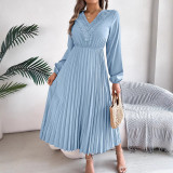 Women Spring and Summer Elegant V-neck Lace Pleated Dress