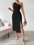 Women Spring and Summer Elegant Sexy Sleeveless One Shoulder Slash Shoulder Solid Slit Dress