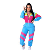 Women patchwork contrast color zipper jumpsuit