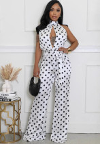 Women Sleeveless Halter Neck Lace-Up Polka Dot Jumpsuit Women Sleeveless Halter Neck Lace-Up Polka Dot Jumpsuit