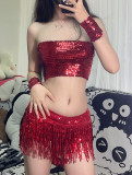 Women sequined top and tassel sequined skirt two-piece set
