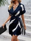 Women Printed V-neck Tie Short Sleeve Summer Dress