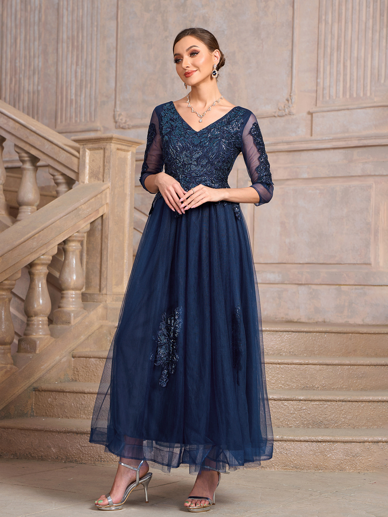 Women blue v-neck meshlace patchwork luxury party dress