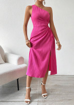 Women Spring and Summer Elegant Sexy Sleeveless One Shoulder Slash Shoulder Solid Slit Dress Women Spring and Summer Elegant Sexy Sleeveless One Shoulder Slash Shoulder Solid Slit Dress