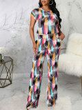 Women summer sexy print striped T-shirt and Pants two-piece set
