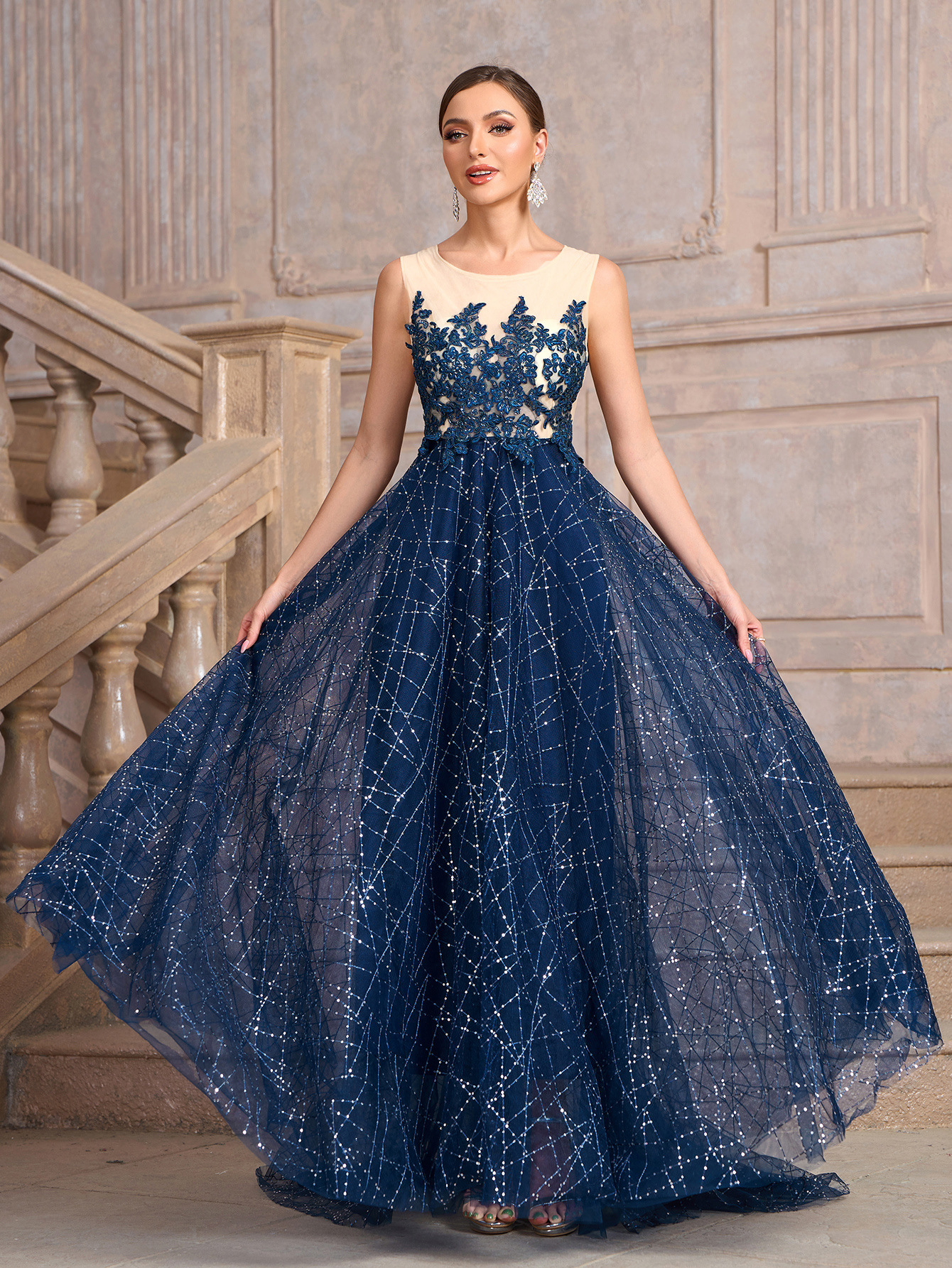 Women blue Round Neck Mesh sequin patchwork dinner dress