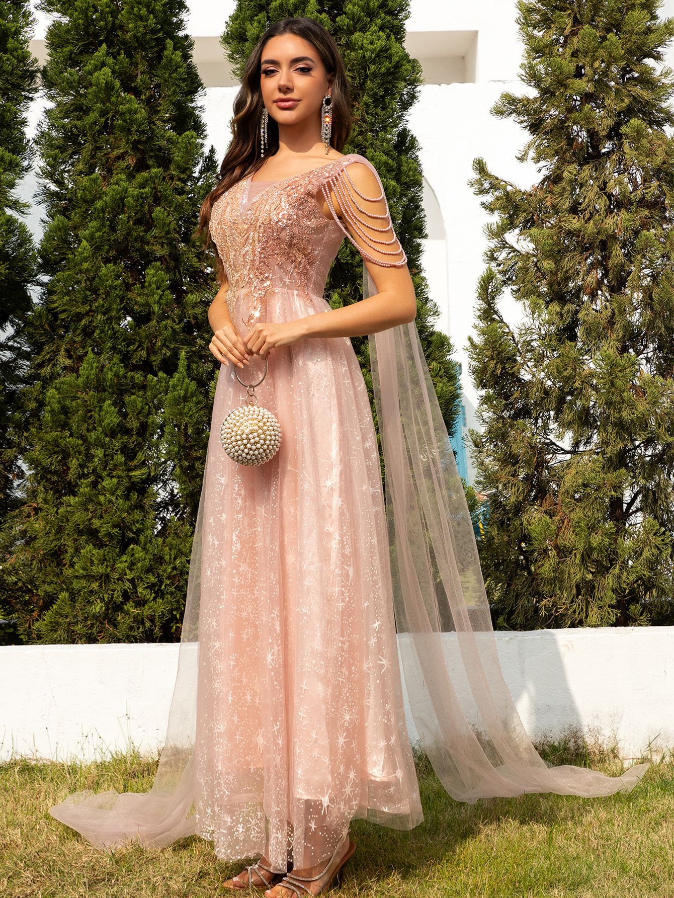 Women pink mesh sequin patchwork formal dinner dress
