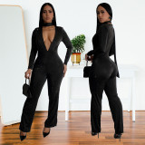 Women Sexy V-neck Long Sleeve Beaded Jumpsuit
