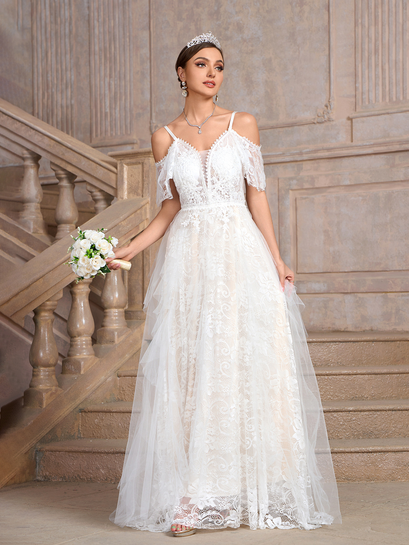 Women white off-shoulder suspender irregular mesh patchwork wedding party bride wedding dress