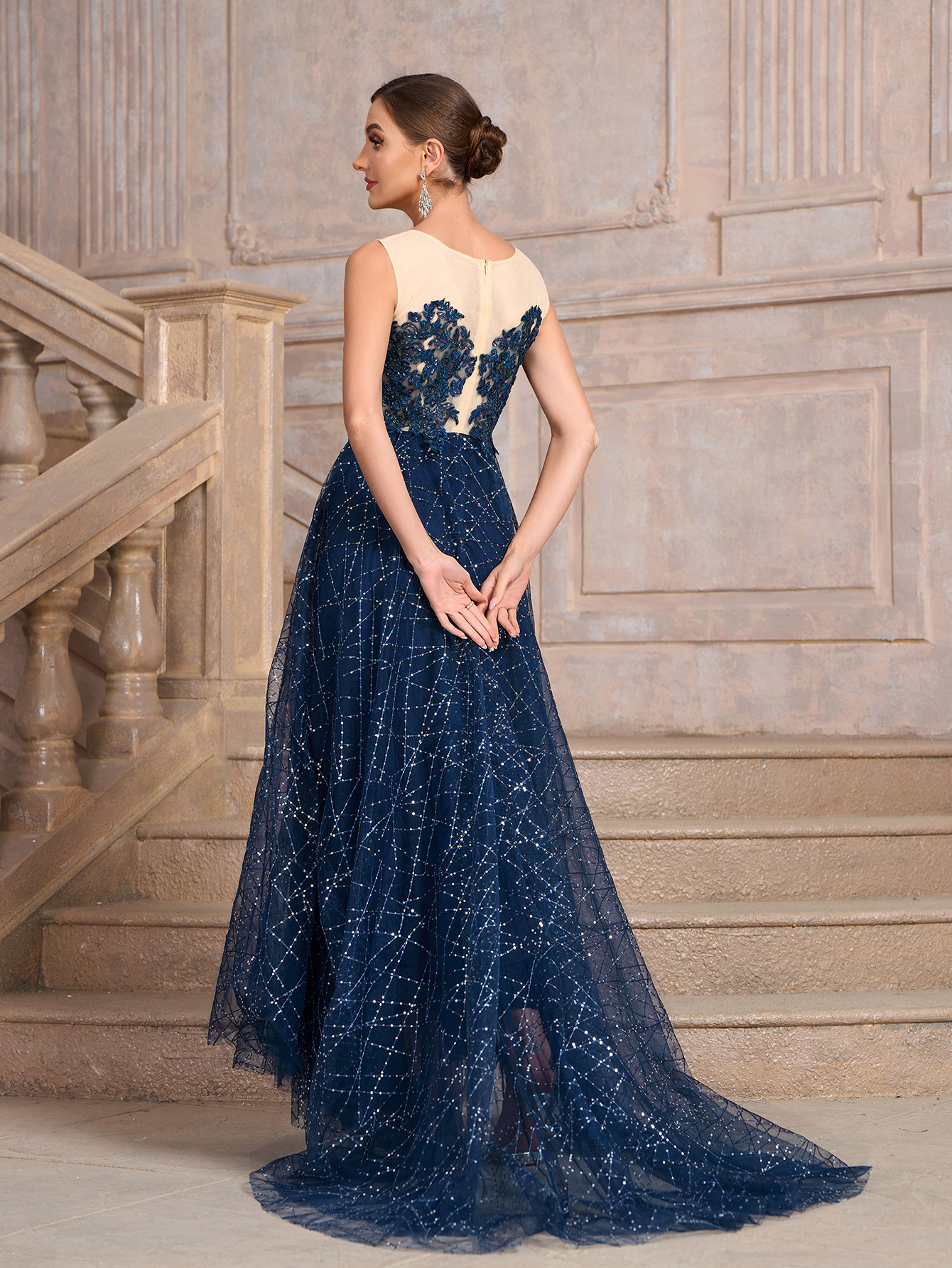 Women blue Round Neck Mesh sequin patchwork dinner dress