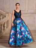 Women blue sleeveless v-neck printed black mesh patchwork flower print dress