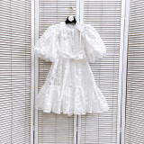 Women Round Neck Vintage Jacquard Puff Sleeve Casual Belt Dress