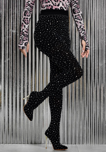 Women Rhinestone High Heel Pointed Trouser Boots