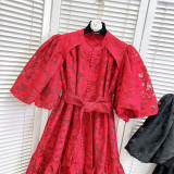 Women Round Neck Vintage Jacquard Puff Sleeve Casual Belt Dress