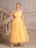 Women yellow suspender Strapless diamond irregular mesh elegant dinner dress