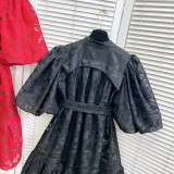 Women Round Neck Vintage Jacquard Puff Sleeve Casual Belt Dress