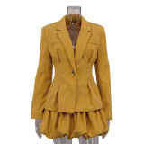 Women Turndown Collar Blazer and Pleated Tutu Skirt Two-Piece Set
