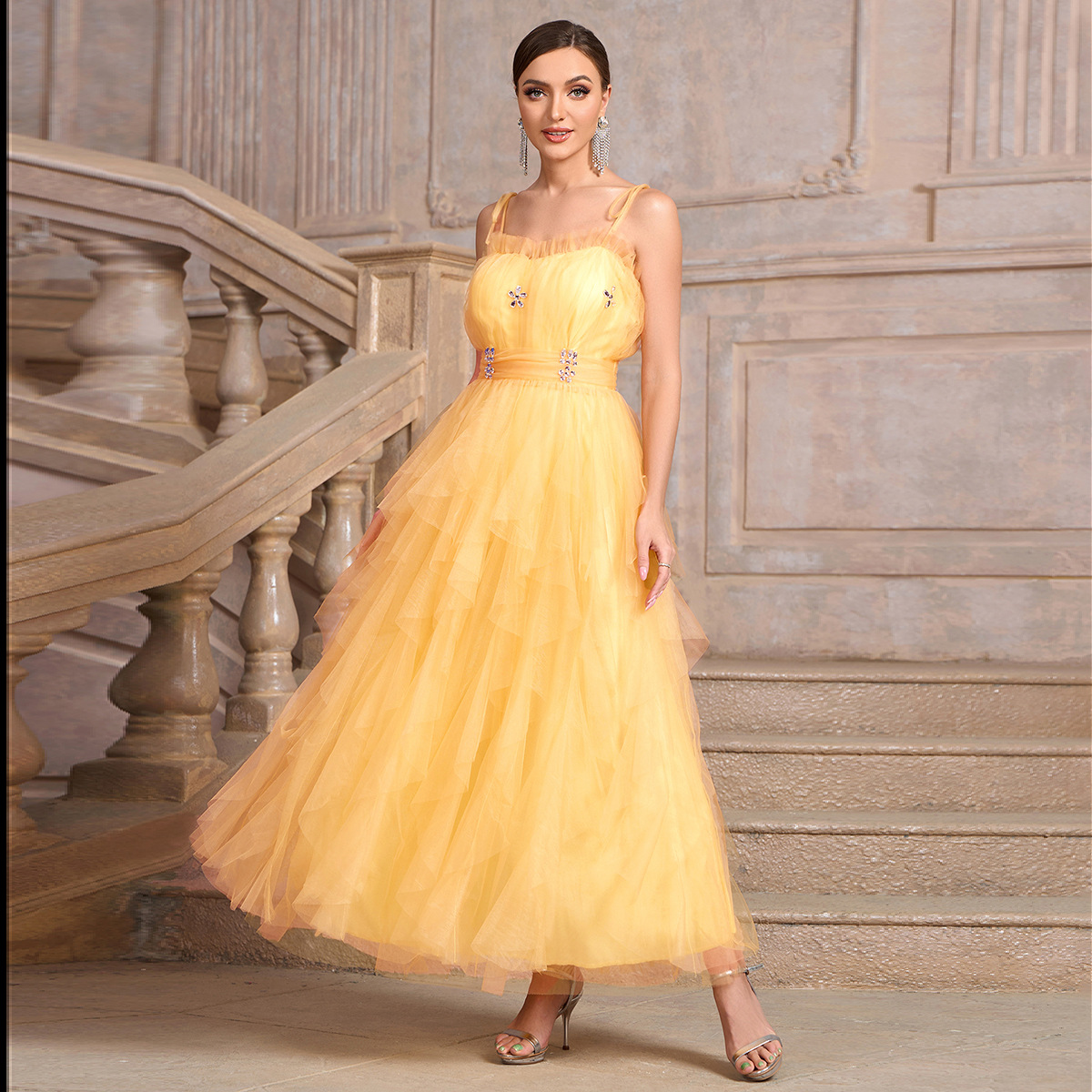 Women yellow suspender Strapless diamond irregular mesh elegant dinner dress
