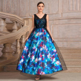 Women blue sleeveless v-neck printed black mesh patchwork flower print dress