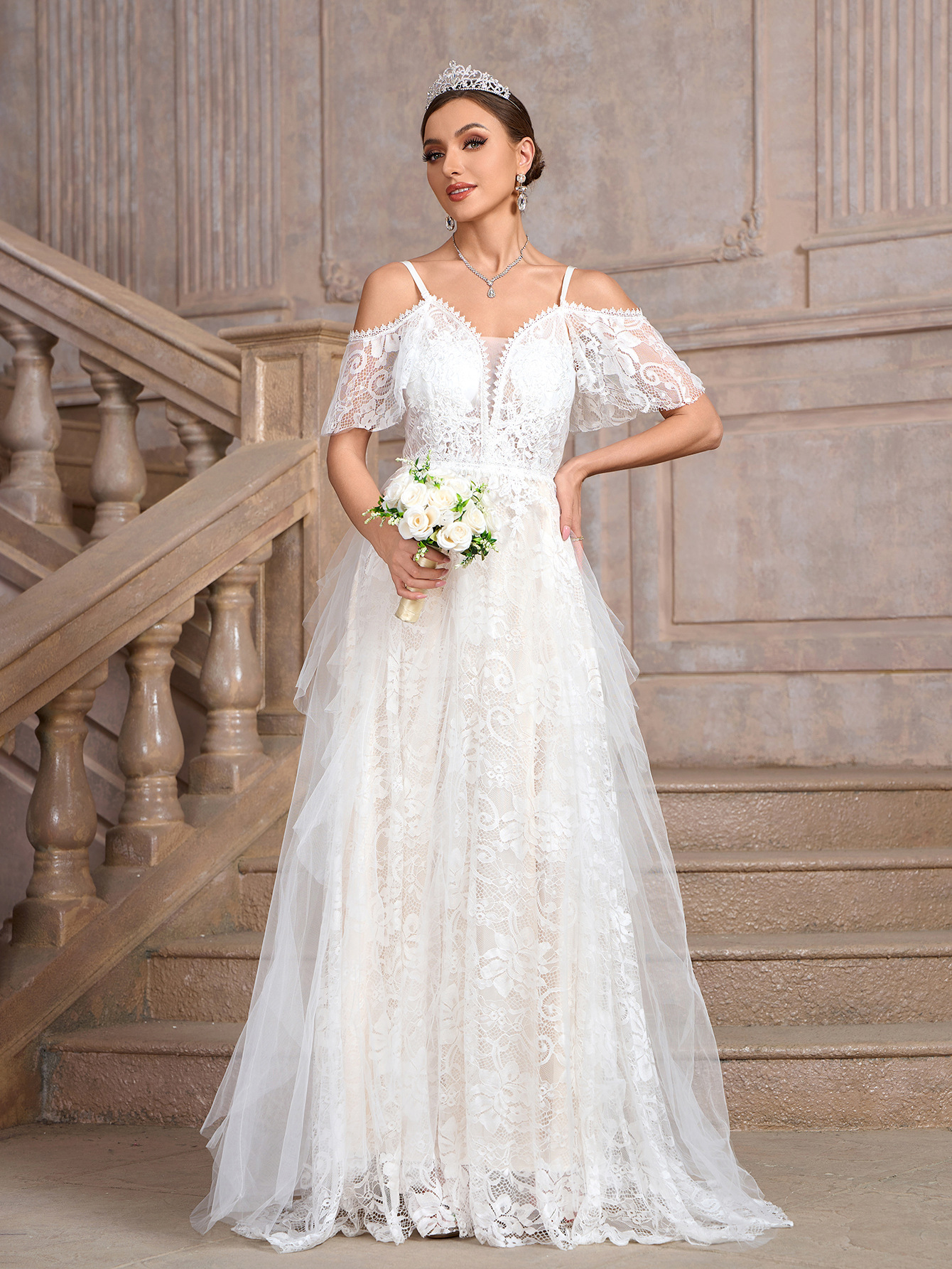 Women white off-shoulder suspender irregular mesh patchwork wedding party bride wedding dress