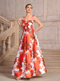 Women red square neck printed dinner dress