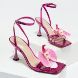 Women Square Toe Flower Cross High Heels