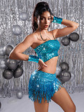 Women sequined top and tassel sequined skirt two-piece set