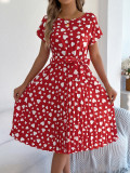 Women Spring and Summer Casual Contrast Heart Print Short Sleeve Pleated Dress