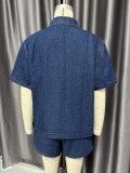 Women Retro Casual Pocket Short Sleeve Shirt and Denim Shorts two-piece set
