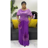 Plus Size African Women Casual Pleated Top and Skirt Two-Piece Set