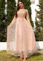 Women pink mesh sequin patchwork formal dinner dress