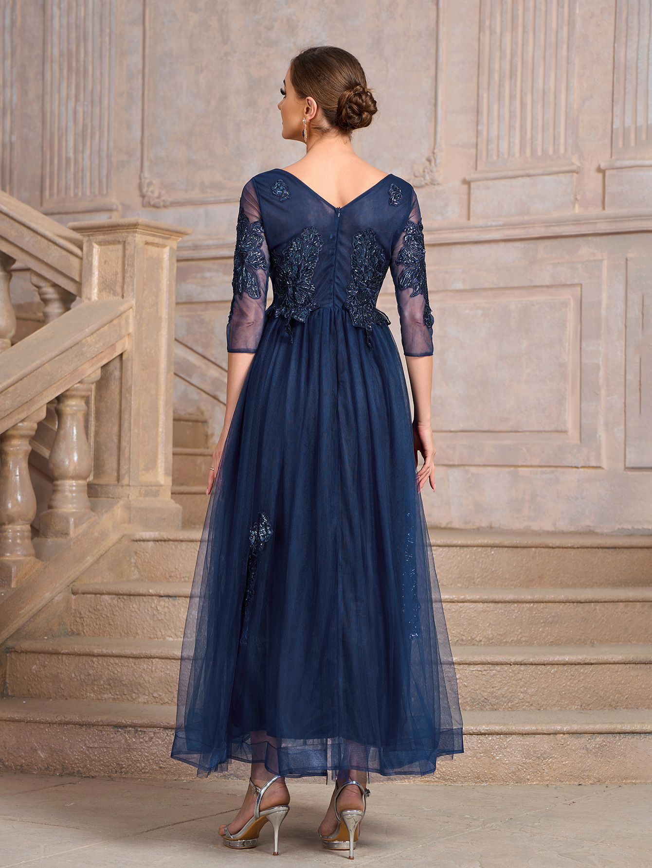 Women blue v-neck meshlace patchwork luxury party dress