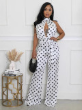 Women Sleeveless Halter Neck Lace-Up Polka Dot Jumpsuit